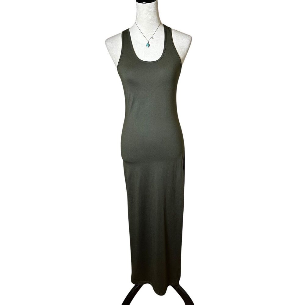 Maze Olive Green Bodycon Stretchy Tank Maxi Dress Side Slits Casual Minimalist